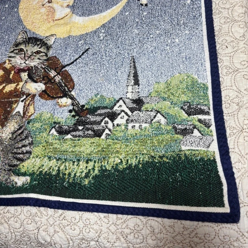 Vintage The Rug Barn Cow Jumped Over the Moon Tapestry Wall Hanging 90s Folk Art